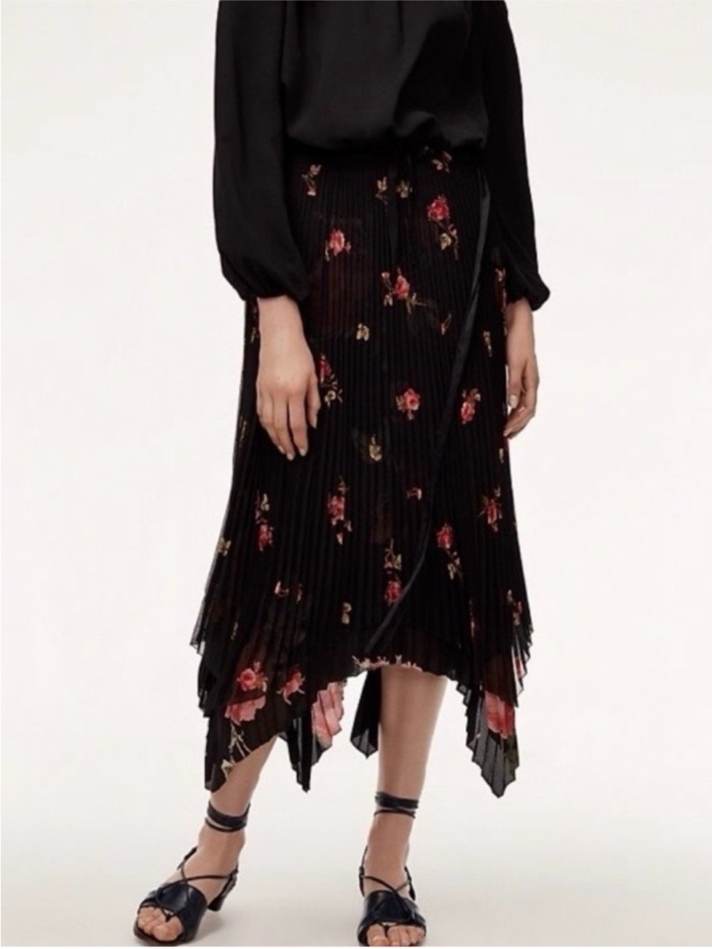 Wilfred Black Pleated Asymmetrical Floral Midi Skirt